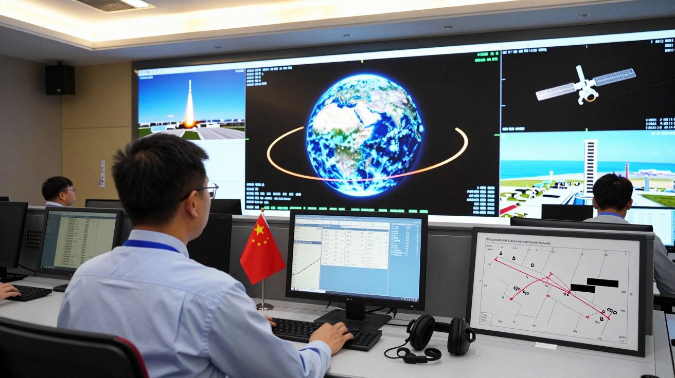 Pessoa a trabalhar num centro de controlo espacial com ecrãs a mostrar a Terra, satélite e dados técnicos.