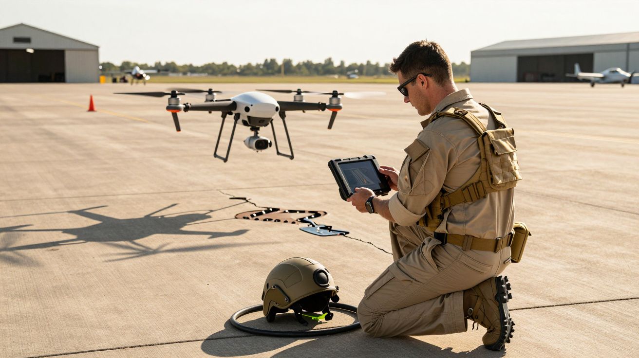 Homem com uniforme militar controla drone com tablet numa pista de aeroporto durante o dia.