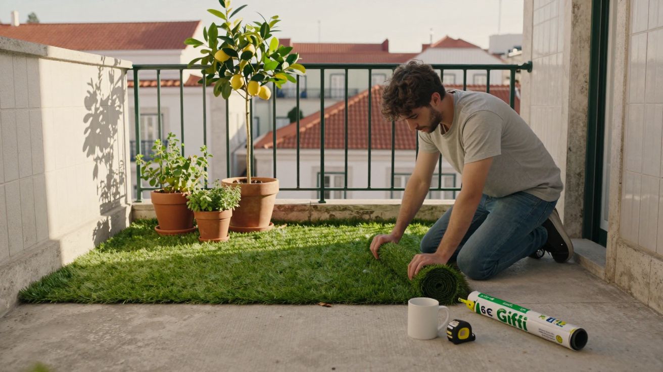 Homem a desenrolar relva artificial num terraço com vasos de plantas e limoeiro ao fundo.