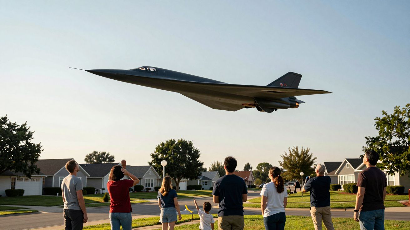 Avião militar furtivo a voar baixo sobre um bairro residencial enquanto várias pessoas observam.