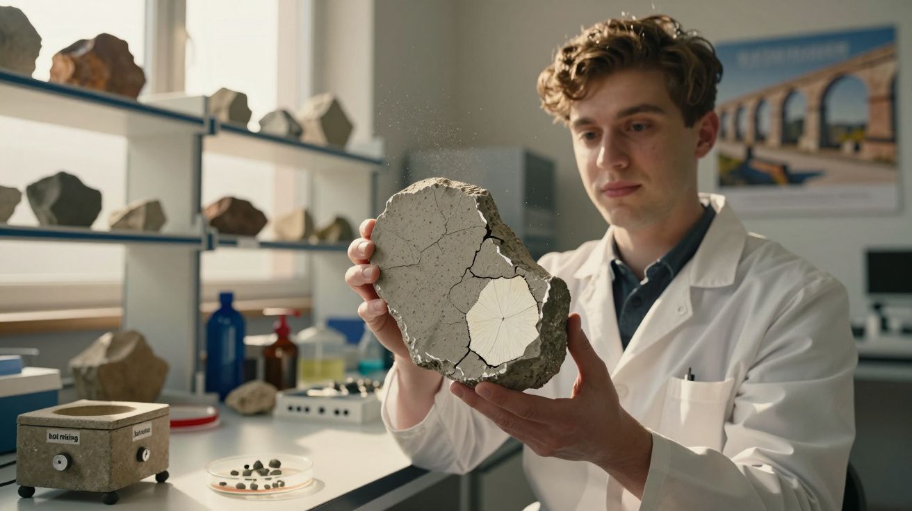 Homem de bata branca analisa fragmento de rocha com fóssil num laboratório científico.