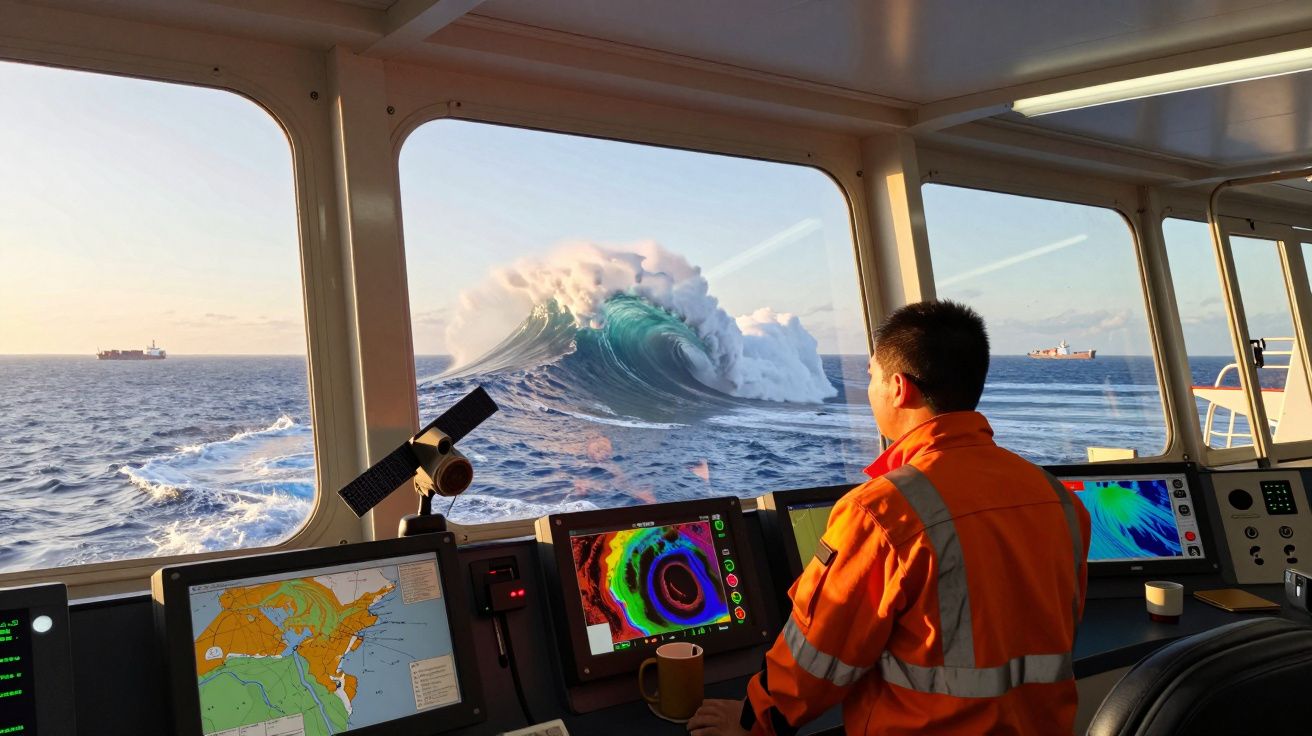 Marinheiro em cabine de navio observa uma onda gigante no mar através da janela panorâmica.