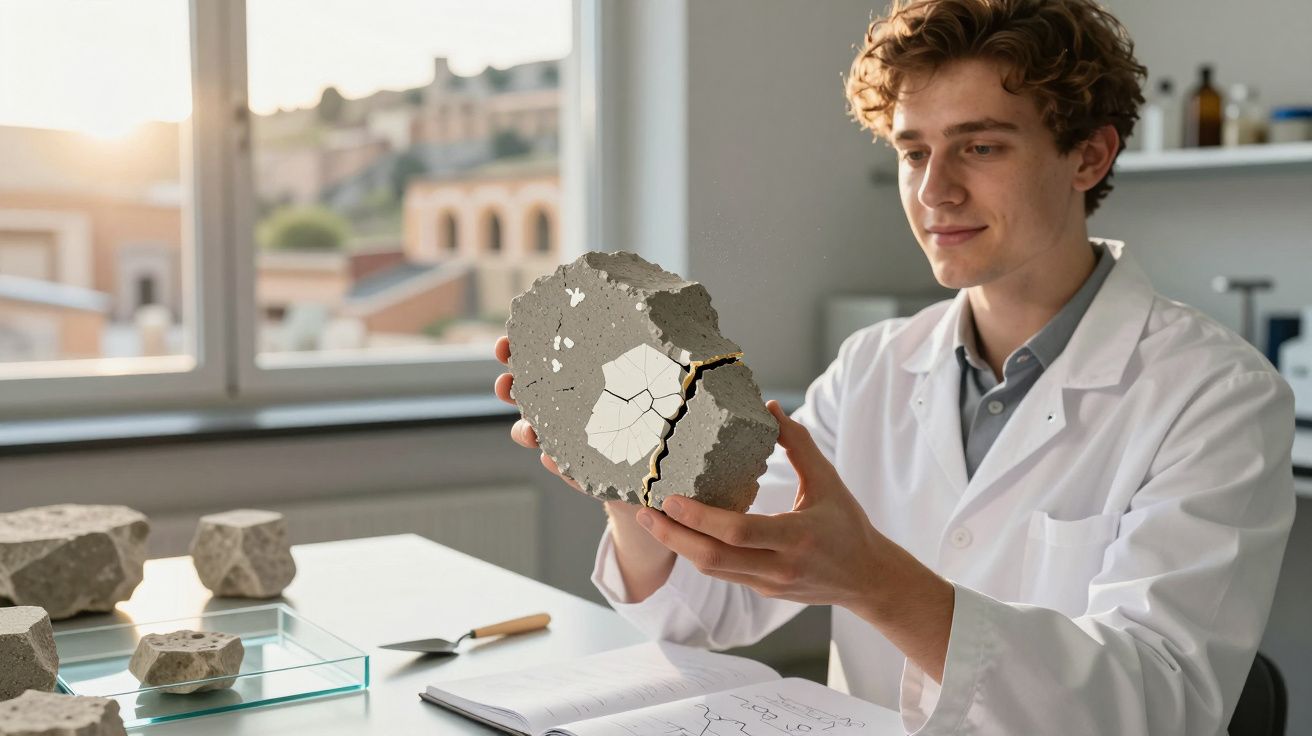 Jovem cientista em bata branca analisa peça de rocha com fissuras num laboratório iluminado.
