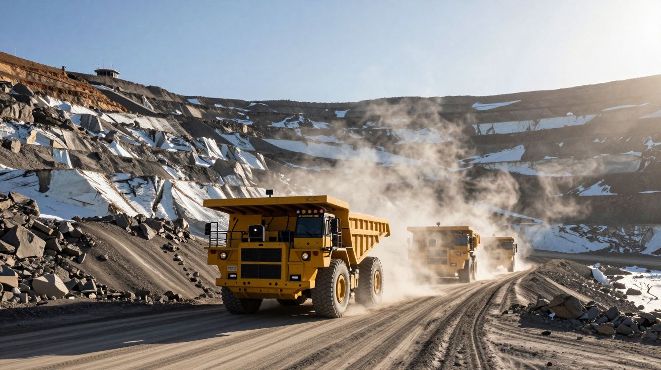 Três camiões de mineração amarelos em estrada poeirenta numa pedreira em encosta rochosa sob céu limpo.