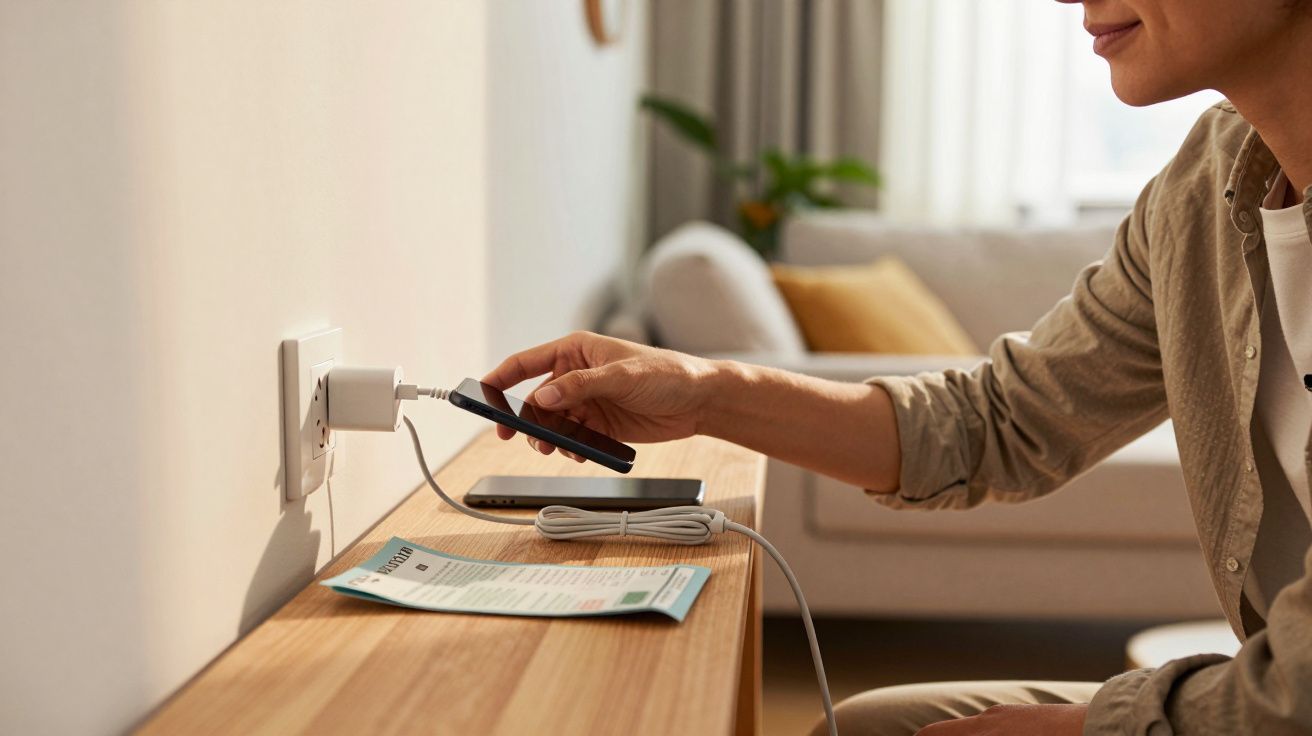 Pessoa a carregar telemóvel com carregador ligado à tomada numa sala de estar moderna e acolhedora.