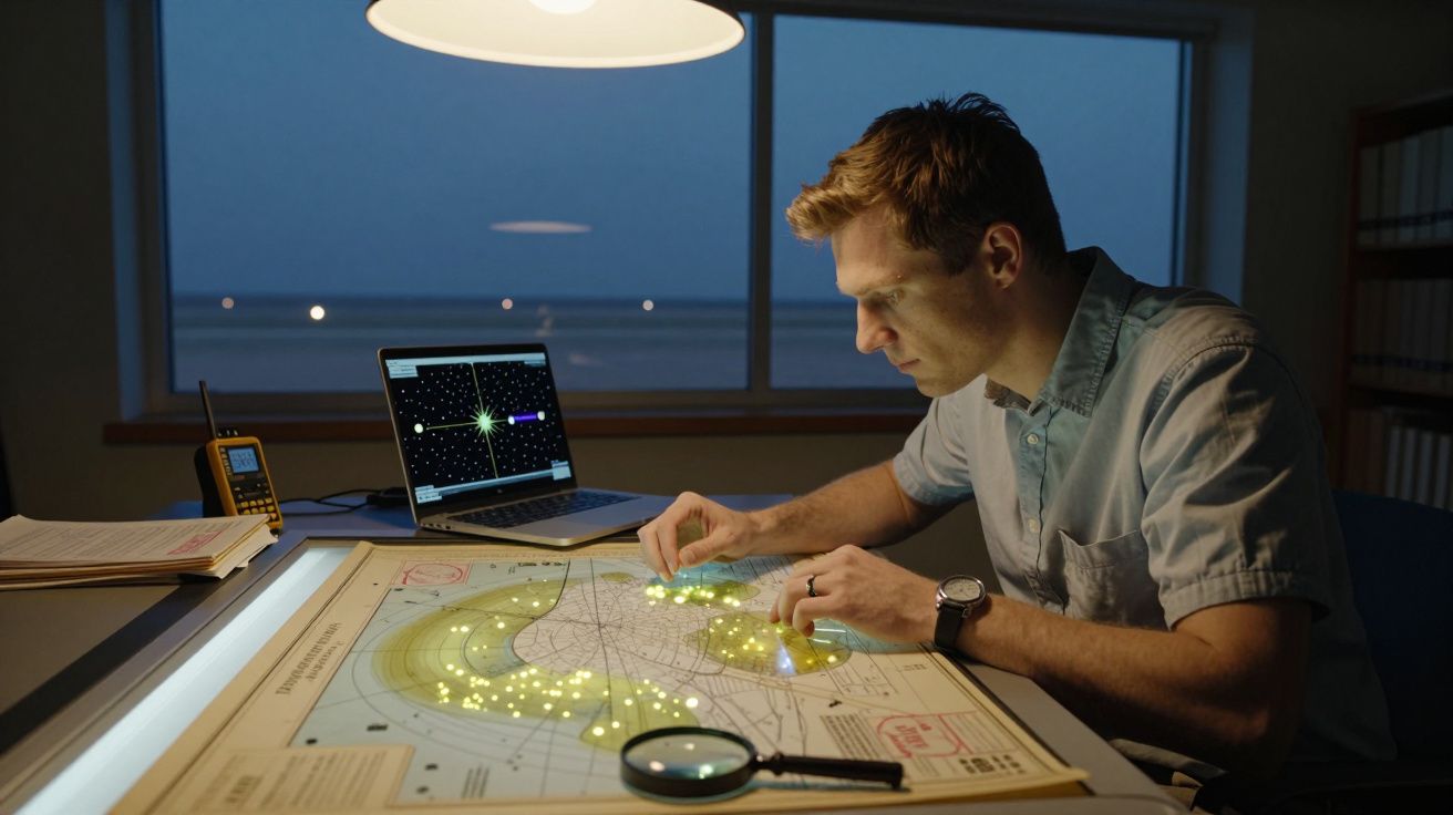 Homem a estudar um mapa iluminado com pontos amarelos numa sala escura, com computador e rádio ao fundo.