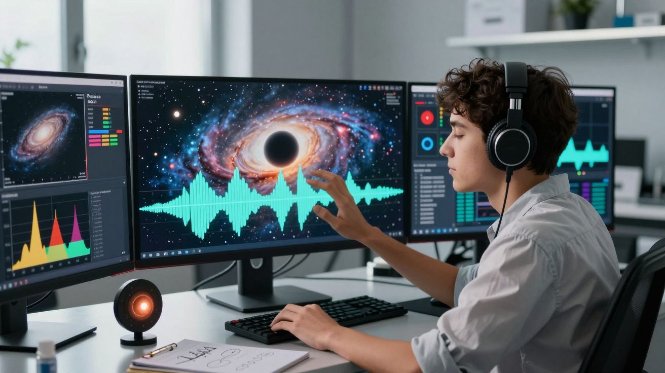 Jovem com auscultadores manipula gráficos digitais de som e imagens do espaço em dois ecrãs de computador.