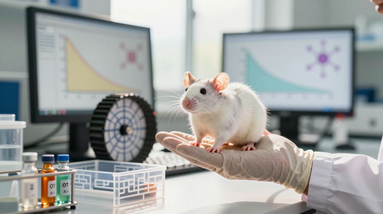 Rato branco em mão com luva de laboratório, com equipamentos e monitores de pesquisa ao fundo.