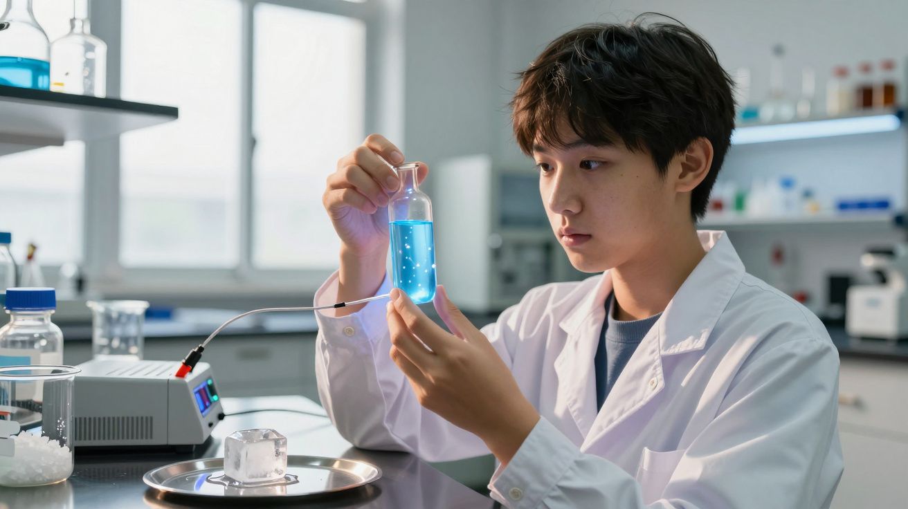 Jovem cientista em laboratório a analisar frasco com líquido azul, usando bata branca, focado no experimento.