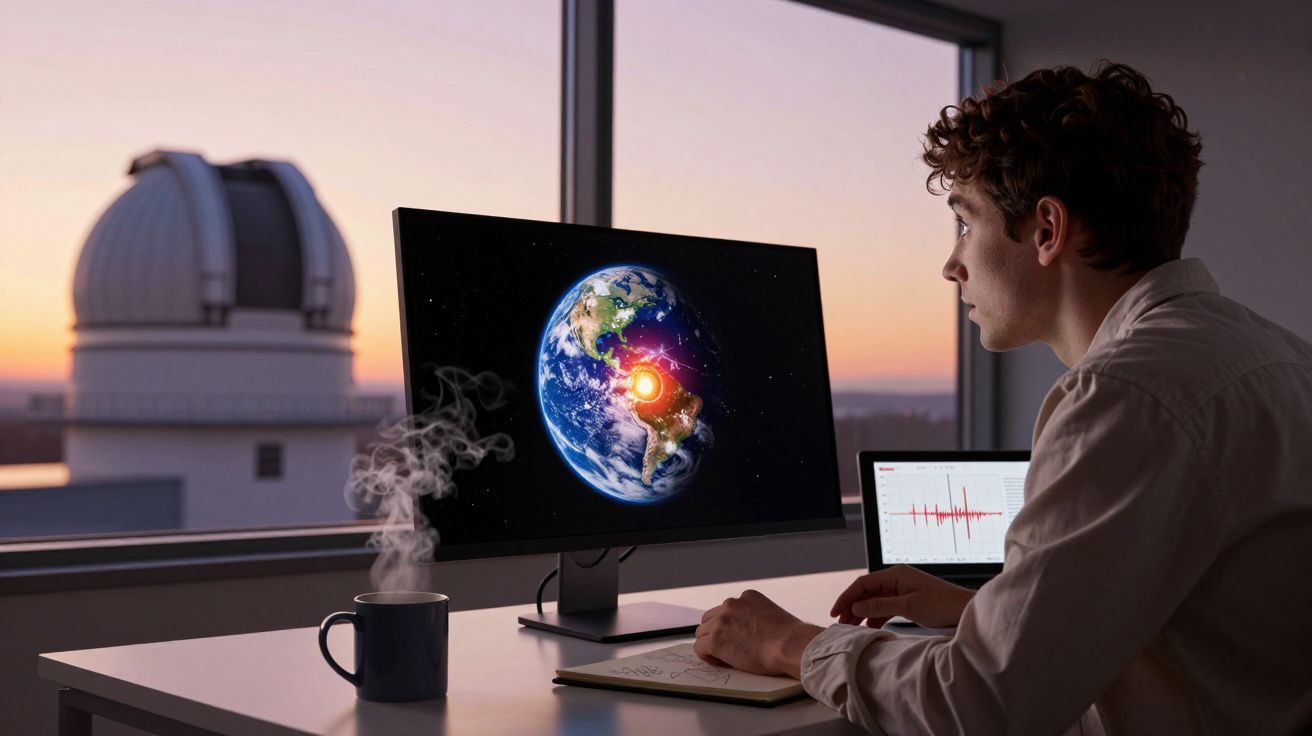 Homem a observar e a analisar dados do planeta Terra num ecrã de computador num escritório ao pôr do sol.