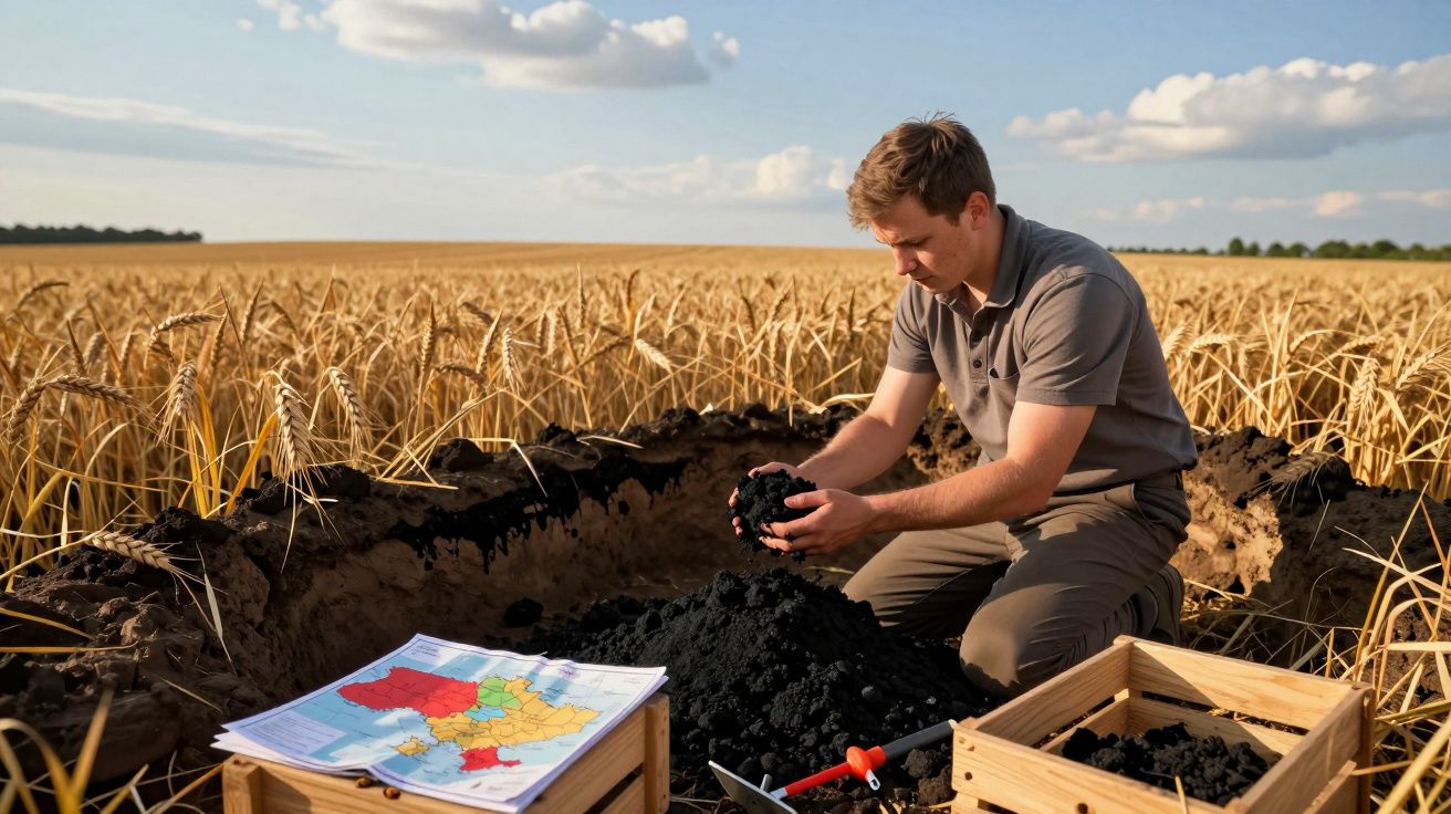 Homem analisa amostra de solo negro num campo de cereais maduros sob céu azul com nuvens.
