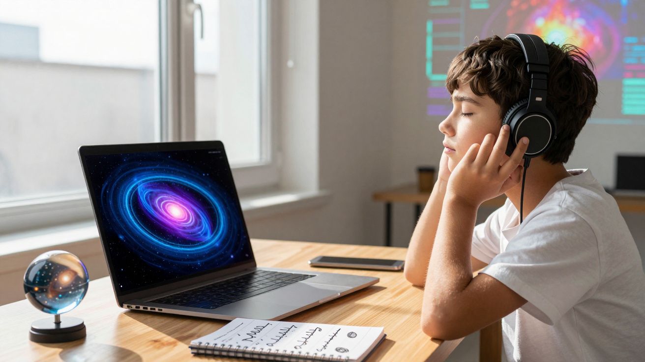 Jovem com auscultadores fecha os olhos enquanto vê imagem digital de galáxia no computador portátil.