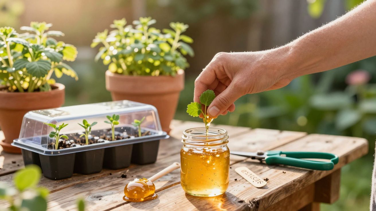 Mão a mergulhar erva fresca em frasco de mel numa mesa de madeira com plantas em vasos ao fundo.
