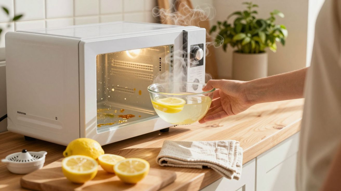 Pessoa a retirar tigela de vidro com água e limão a ferver do micro-ondas numa cozinha moderna.