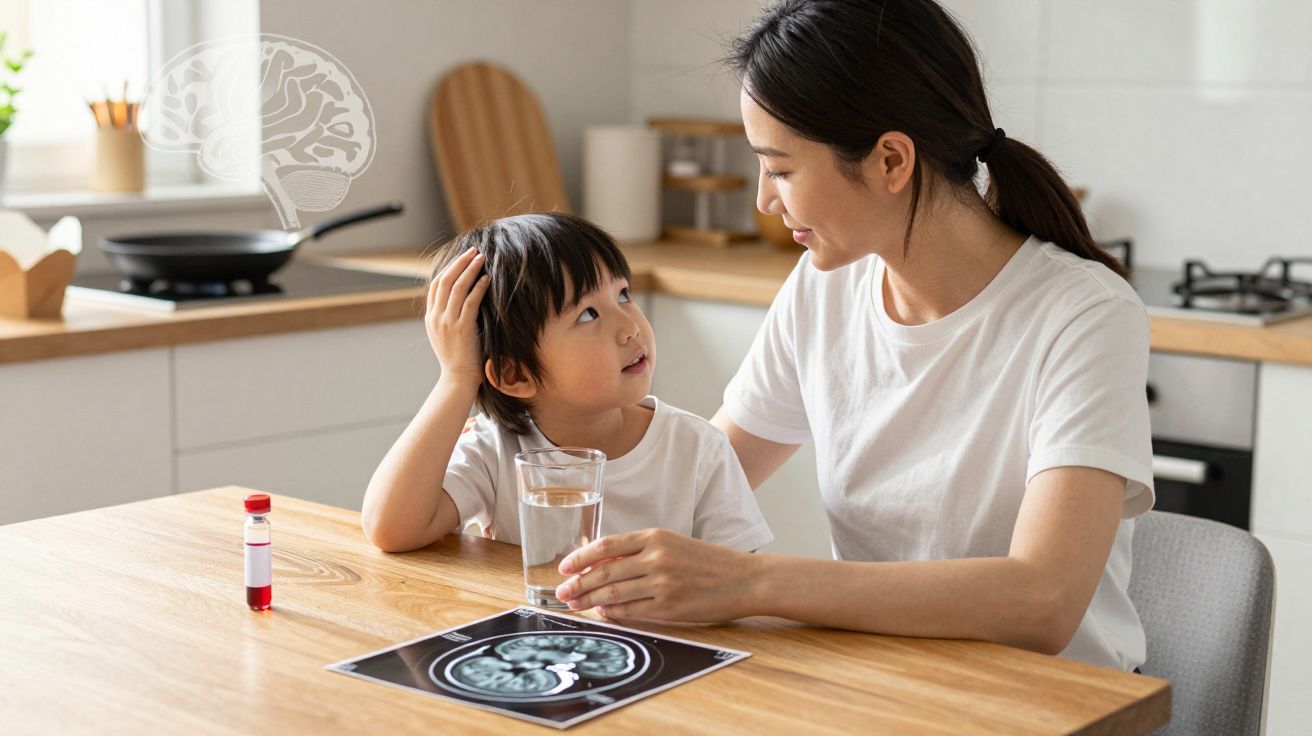 Mãe e filho sentados à mesa com imagem de ressonância magnética, vidro de água e tubo de ensaio com líquido vermelho.
