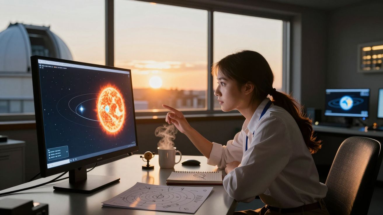 Mulher a estudar o sistema solar num computador, com pôr-do-sol visível pela janela atrás dela.