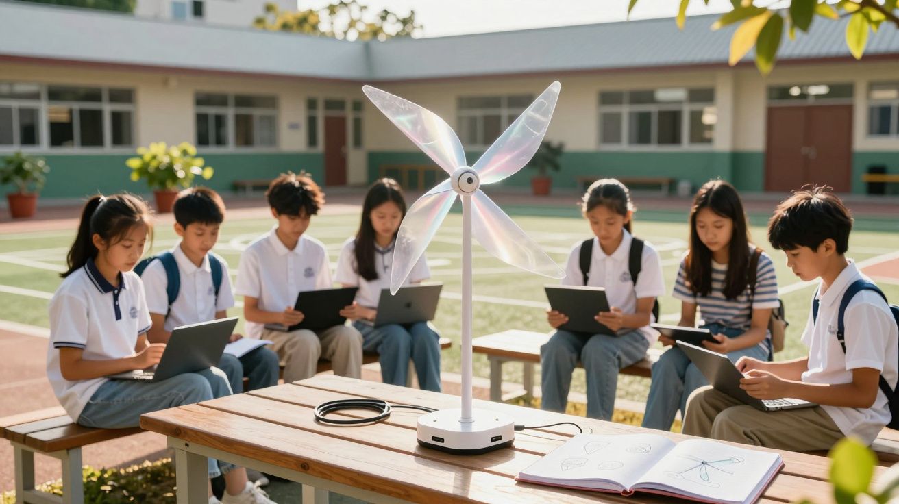 Crianças sentadas ao ar livre com portáteis, aprendendo sobre energia eólica junto a um modelo de turbina.