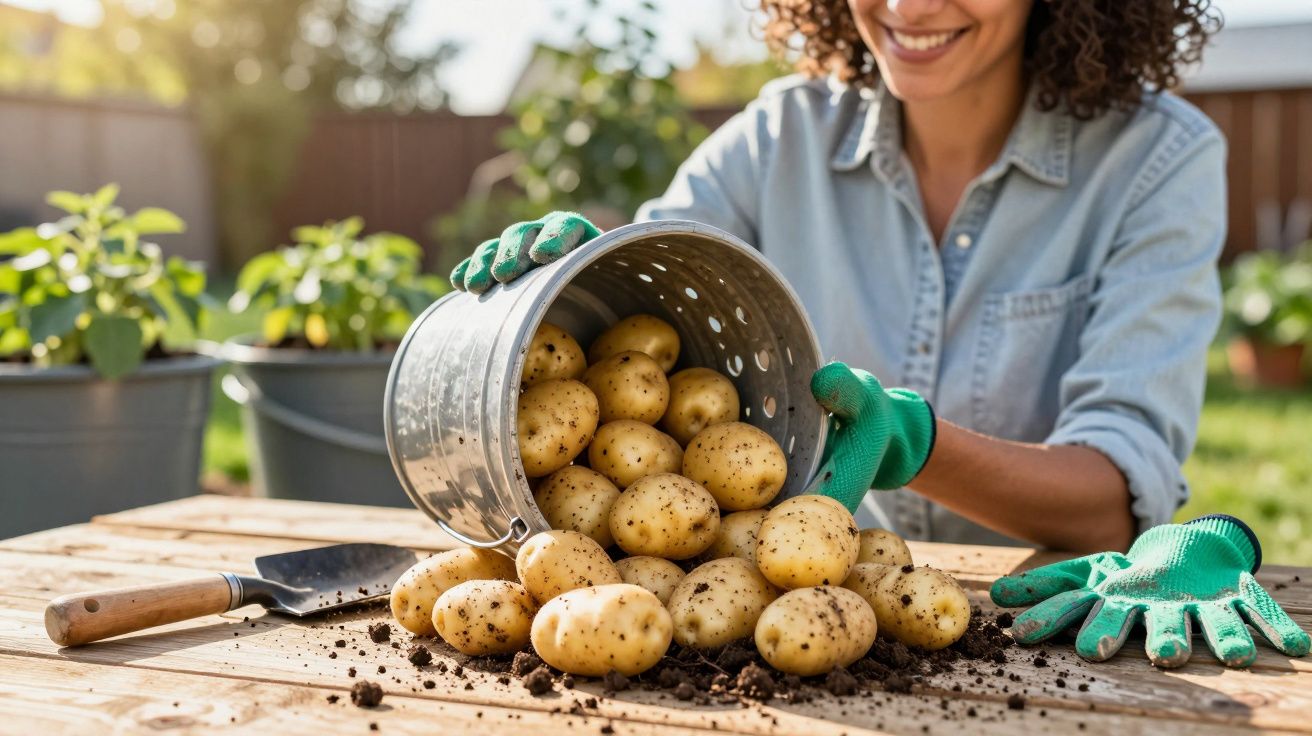 Mulher a sorrir com luvas verdes a despejar batatas sujas de um balde num jardim ensolarado.