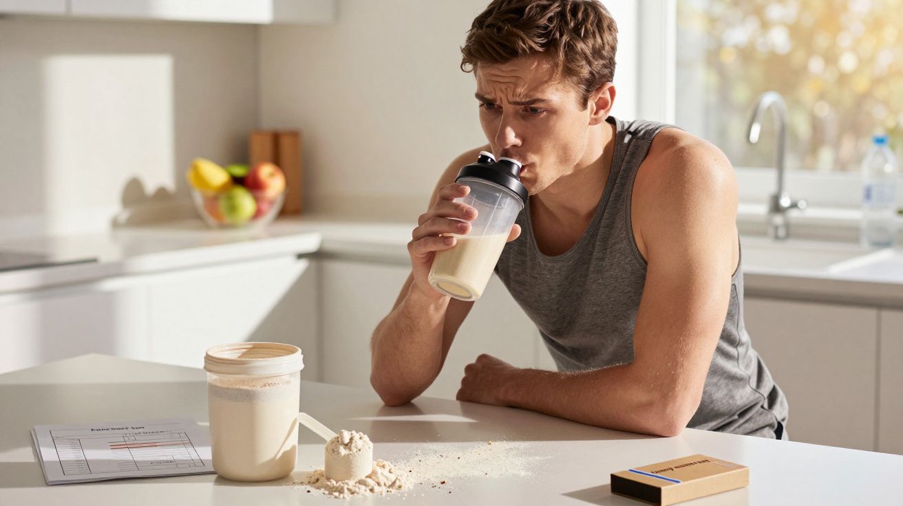 Homem em regata cinza a beber batido proteico na cozinha moderna clara.