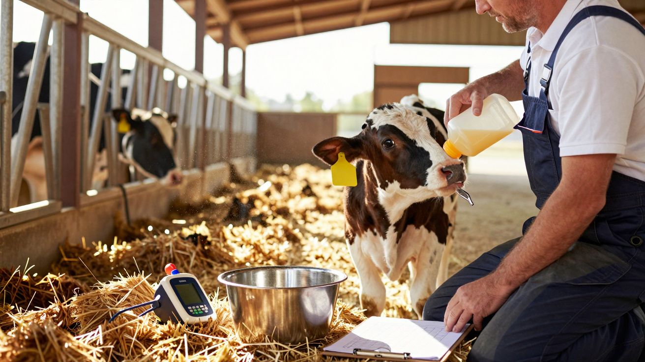 Homem alimenta bezerro com leite numa quinta, rodeados por palha e equipamento agrícola.