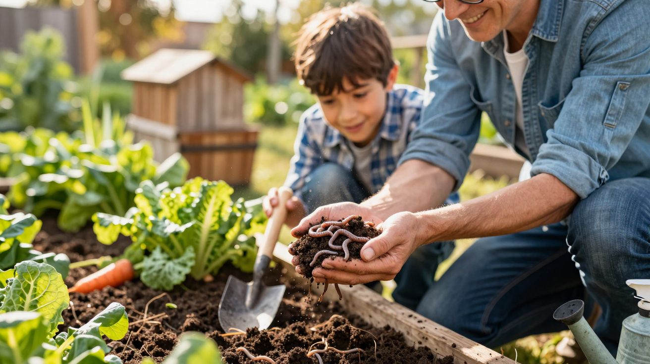 Criança e adulto a explorar minhocas no solo de uma horta cheia de plantas verdes ao ar livre.