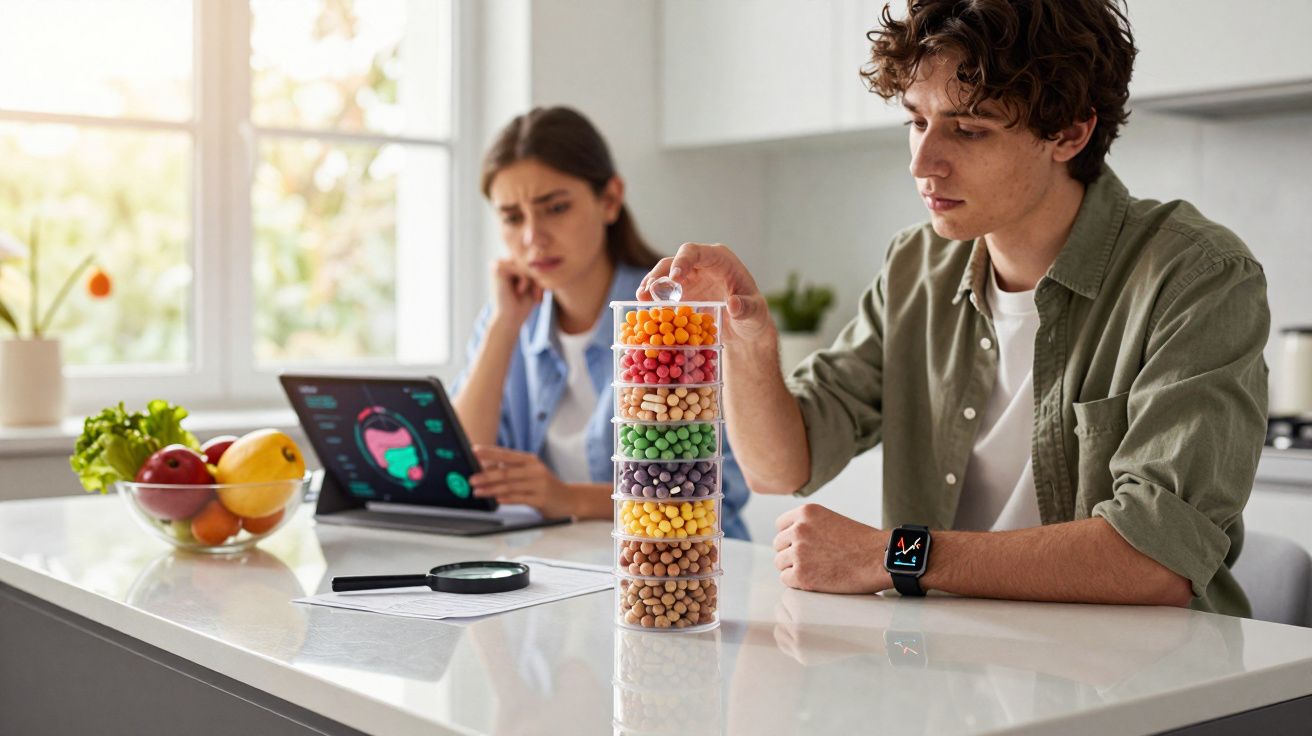 Jovem empilha caixas com diferentes legumes coloridos enquanto uma mulher observa gráficos numa tablet na cozinha.