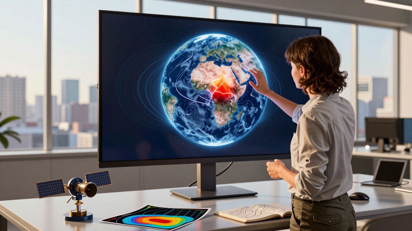 Pessoa interage com imagem holográfica da Terra num ecrã num escritório moderno.