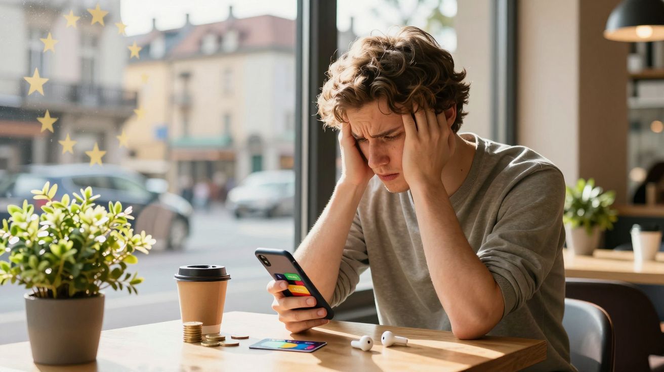 Jovem sentado numa mesa de café, preocupado, a olhar para o telemóvel com mãos na cabeça.