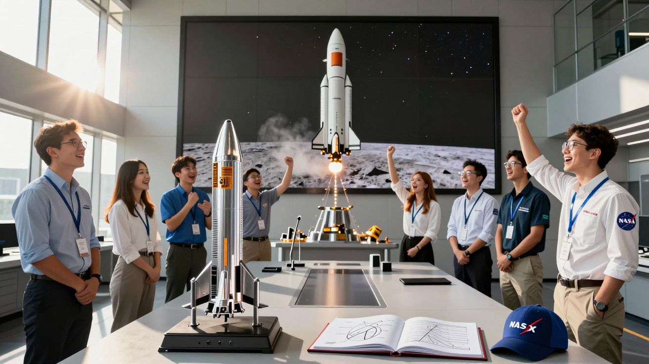 Grupo de jovens cientistas celebra em laboratório com maquetes de foguetões e painel lunar ao fundo.