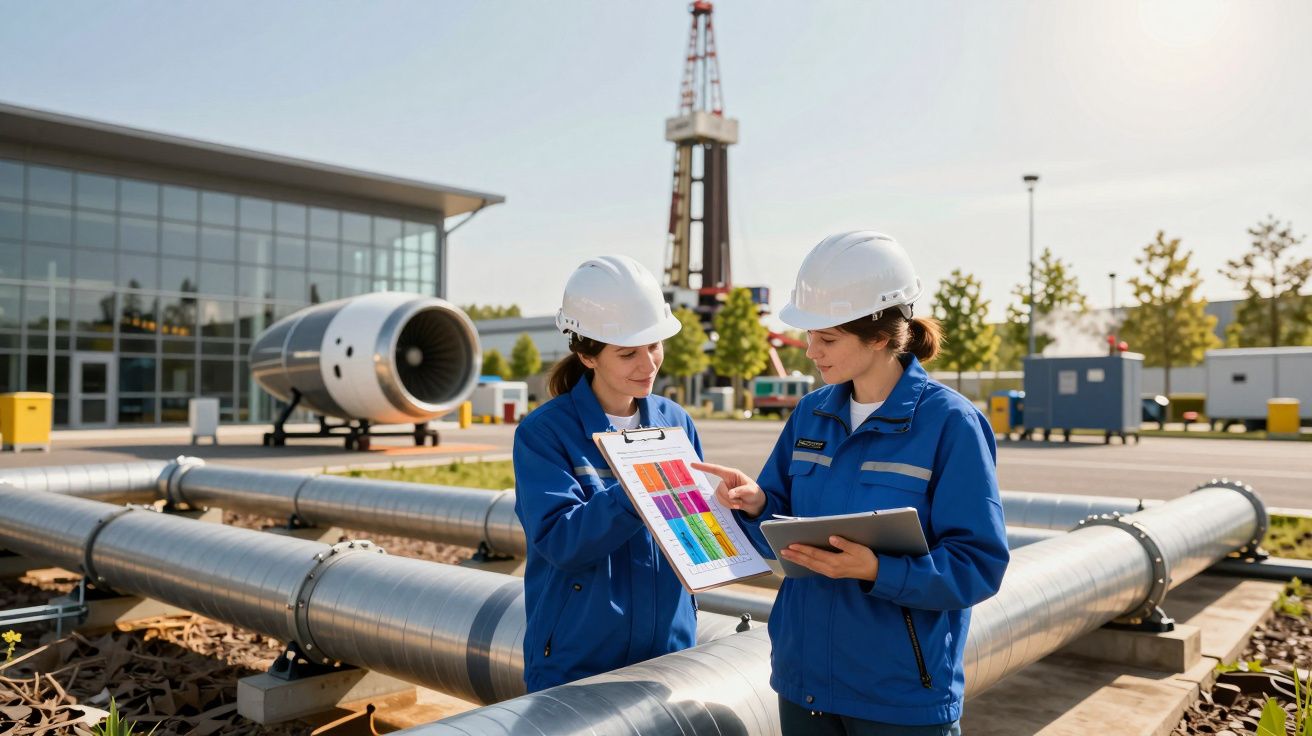 Duas engenheiras com capacetes discutem documentos numa instalação industrial de gás natural.
