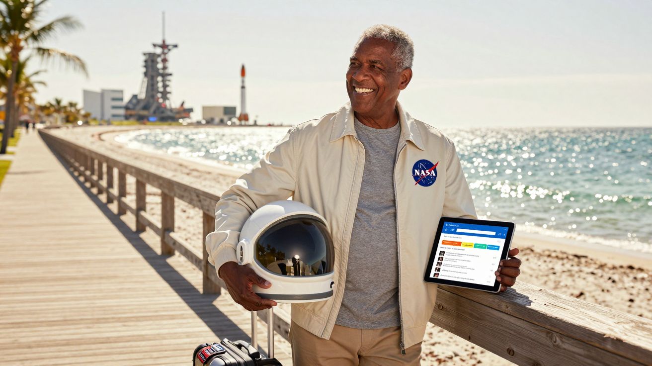 Homem sorridente com casaco da NASA segura capacete de astronauta e tablet junto à praia com lançamento ao fundo.