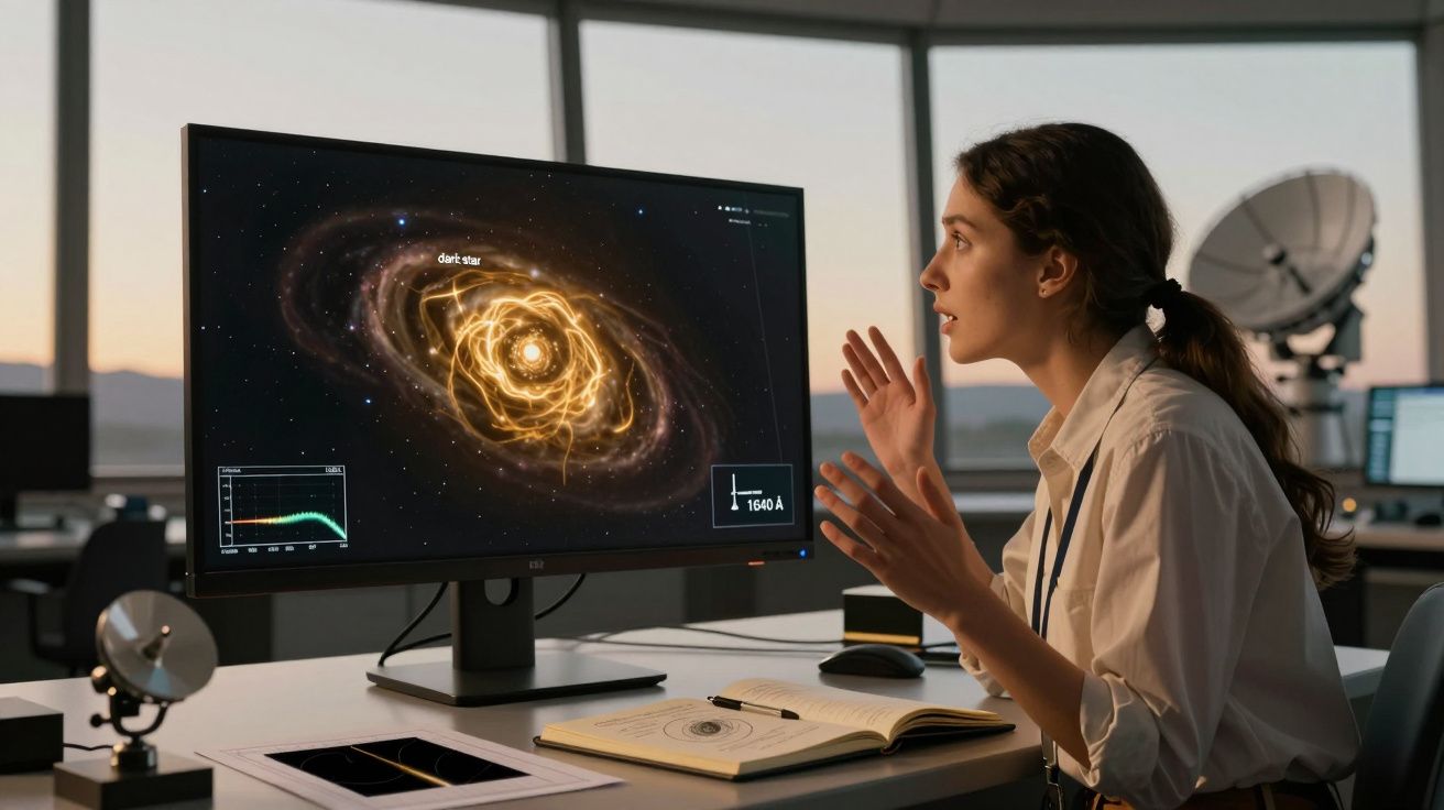 Mulher observa entusiasmada e gesticula diante de ecrã com imagem digital de uma galáxia no escritório.