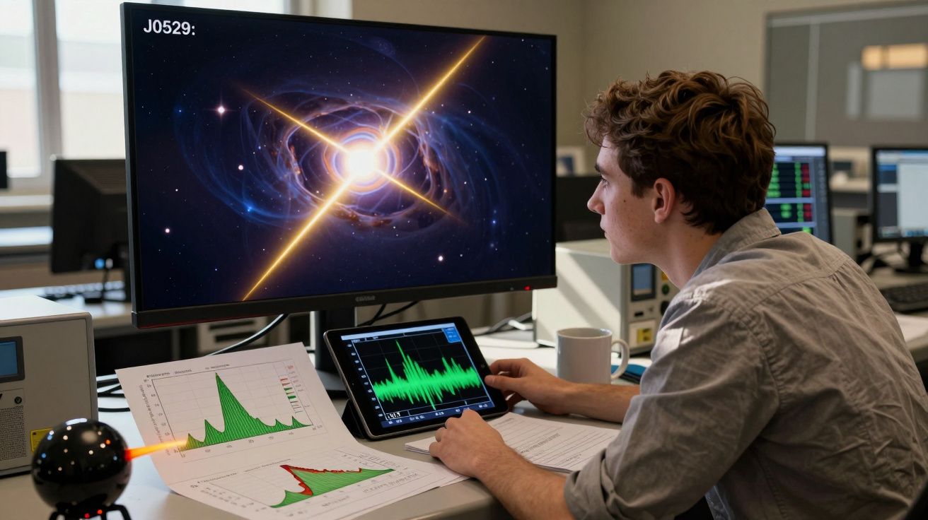 Homem analisa dados científicos em ecrã e tablet, com gráficos e imagem de fenómeno espacial no computador.