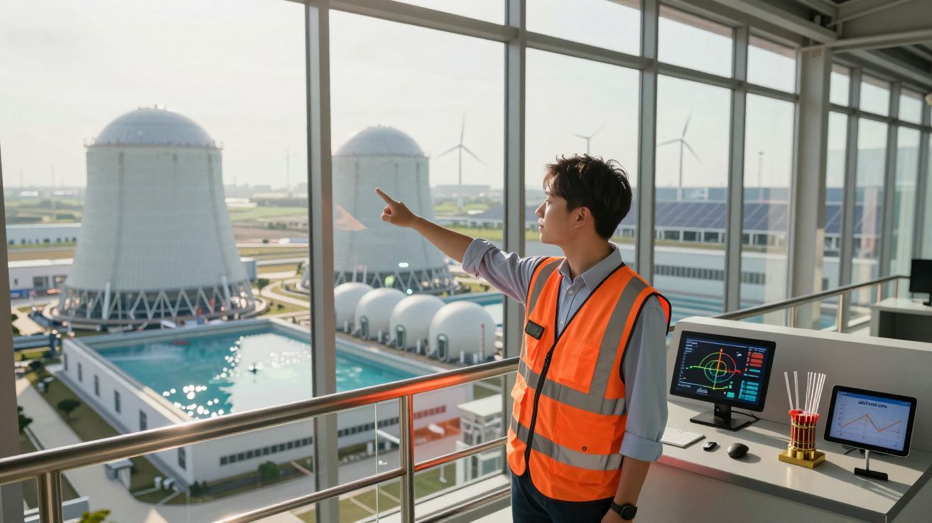 Homem com colete refletor observa e aponta para central industrial vista através de janelas grandes.