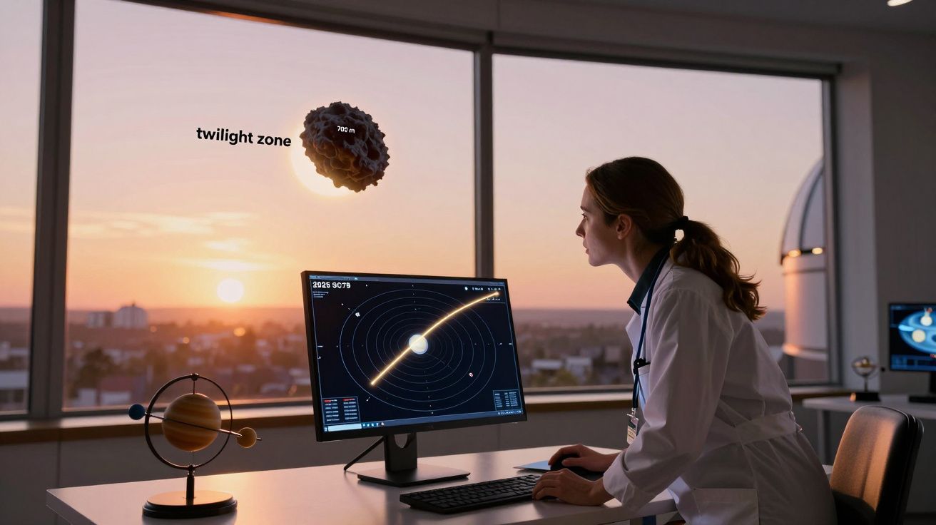 Cientista observa computador com mapa estelar enquanto o sol se põe atrás de janela ampla num escritório.