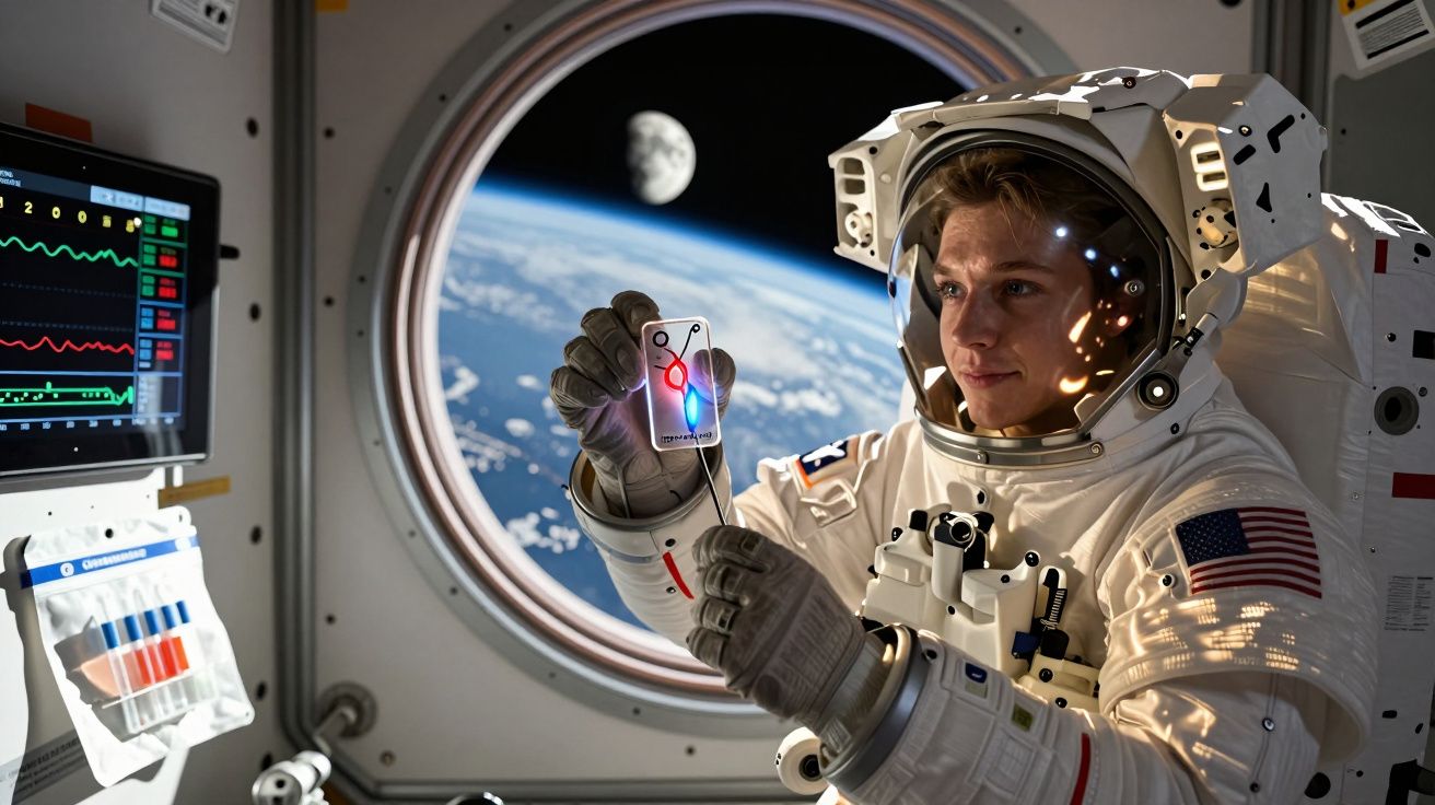 Astronauta a analisar equipamento tecnológico dentro da estação espacial, com a Terra e a Lua ao fundo.