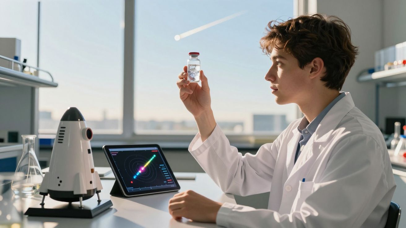 Cientista jovem a observar frasco com líquido transparente em laboratório com tablet e modelo de foguete.