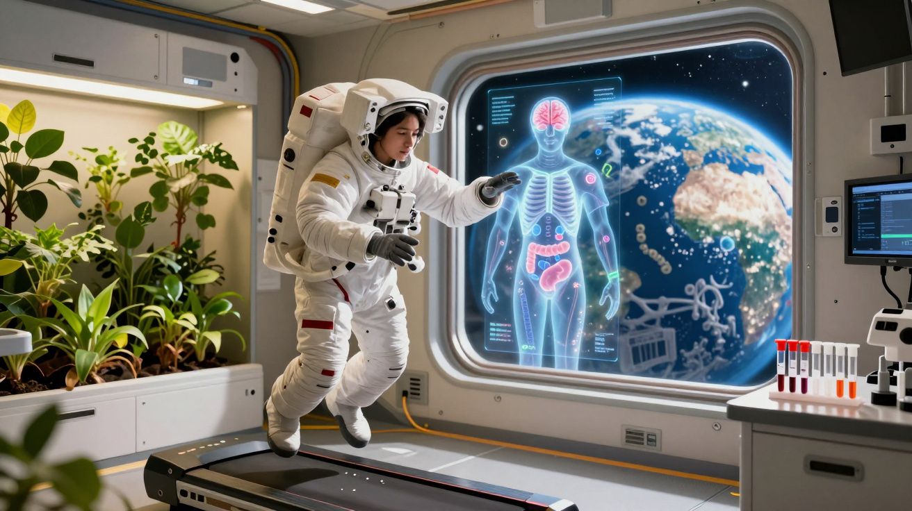 Astronauta na estação espacial interagindo com holograma do corpo humano, com vista da Terra ao fundo.