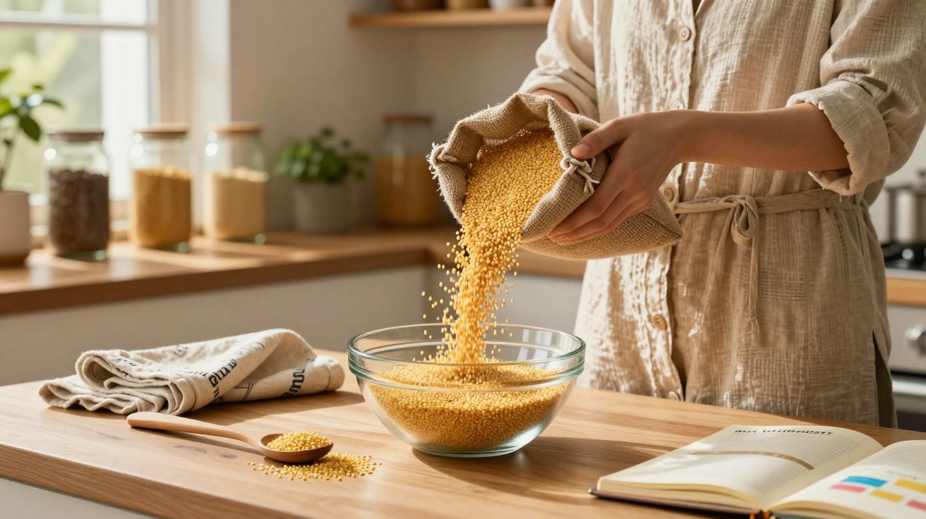 Pessoa a verter grãos amarelos de um saco para uma taça numa cozinha moderna e luminosa.