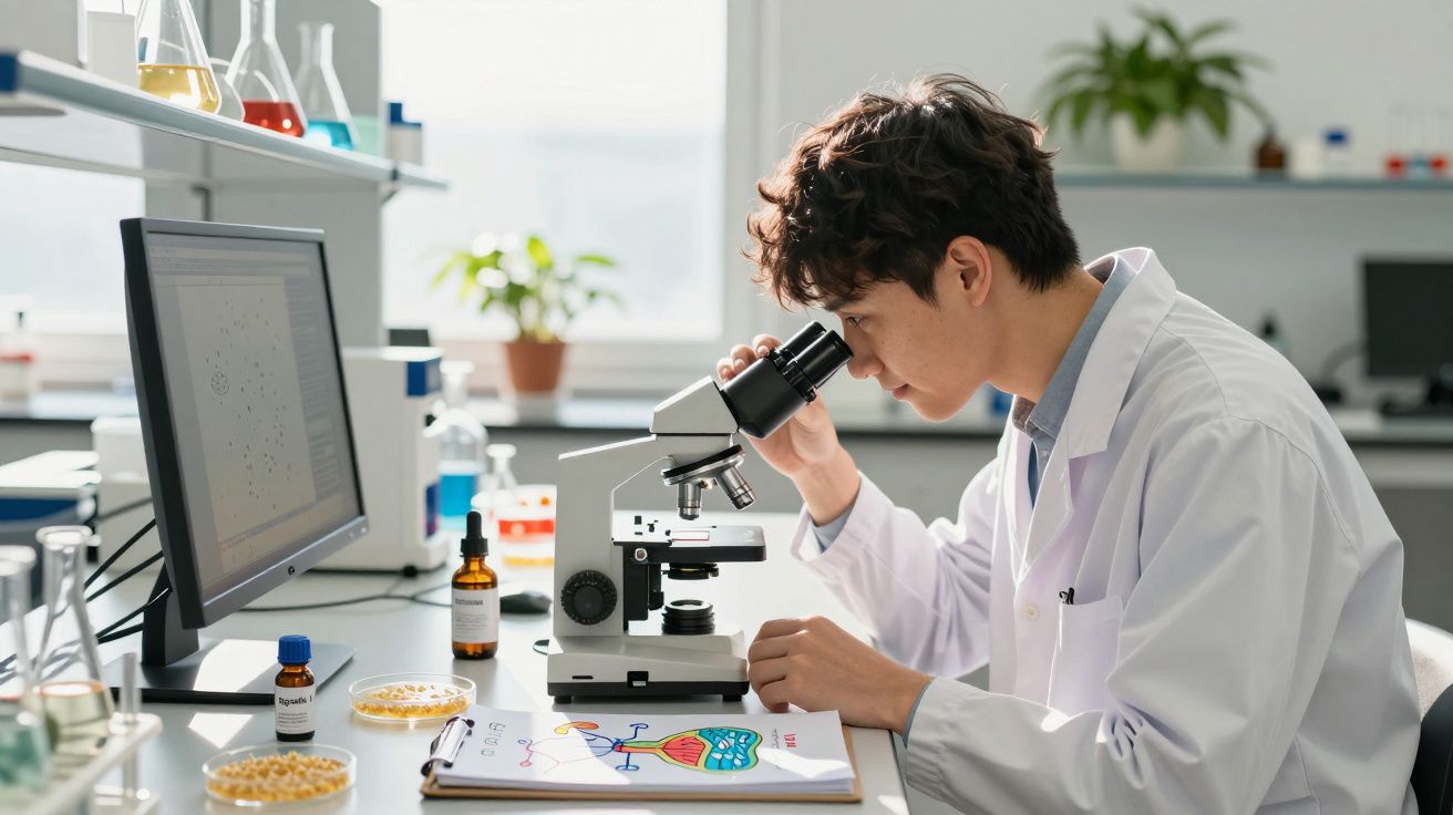 Homem em bata branca a observar amostra no microscópio num laboratório com computador e materiais científicos.