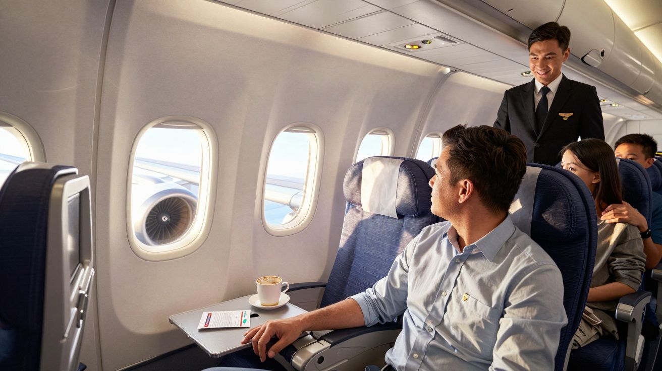 Passageiro sentado junto à janela de avião, sendo atendido por um tripulante em uniforme preto.