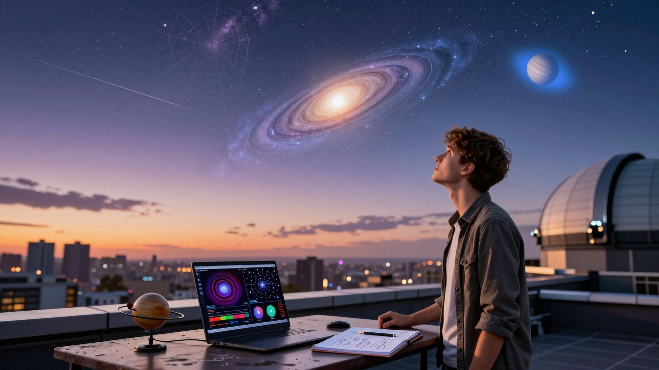 Jovem observa o céu estrelado na cidade com planetário, laptop e modelo de planeta num terraço ao pôr do sol.