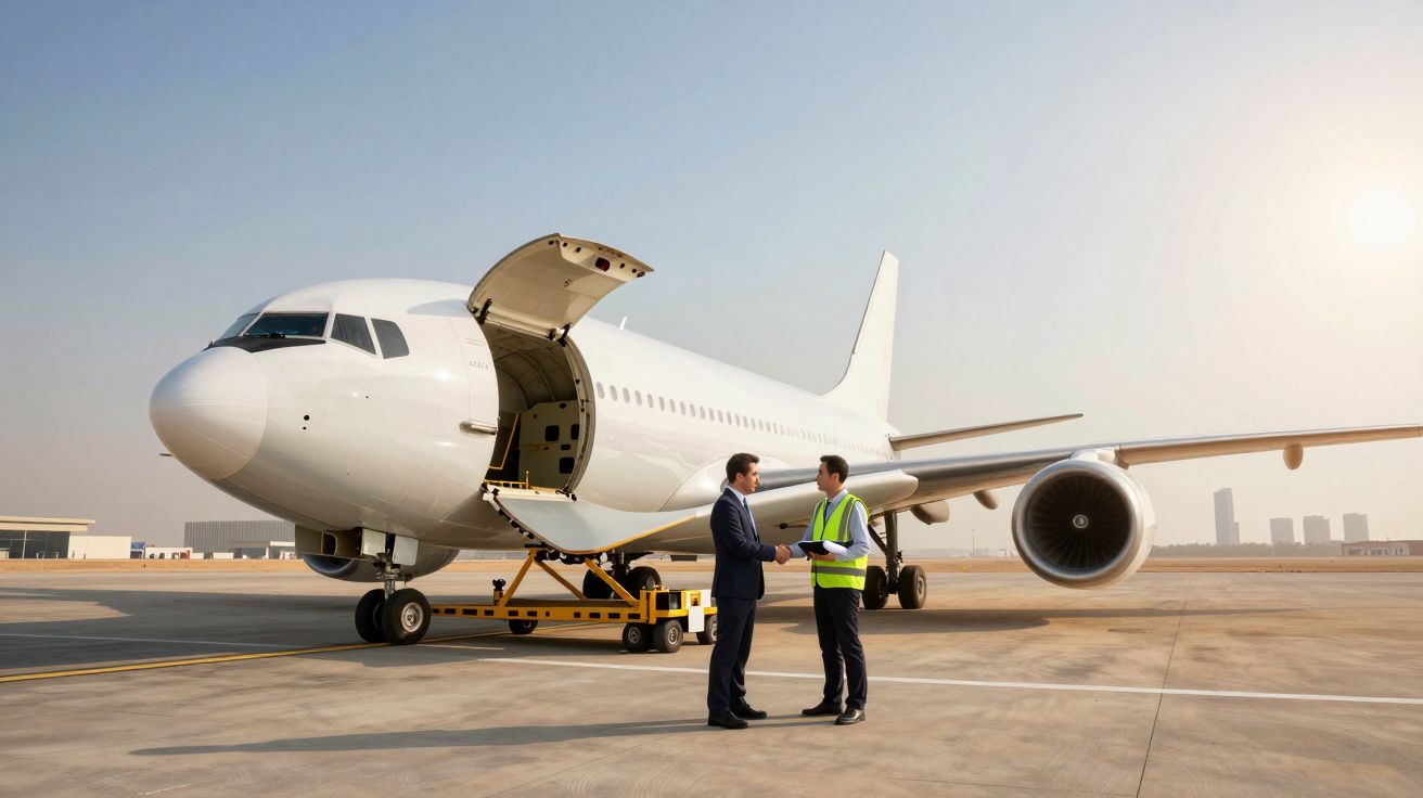Dois homens cumprimentam-se em frente a um avião branco estacionado na pista de um aeroporto ao pôr do sol.