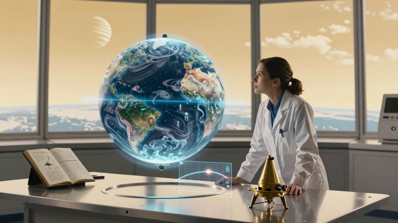 Mulher cientista observa globo terrestre holográfico numa sala futurista com livro e modelo espacial.