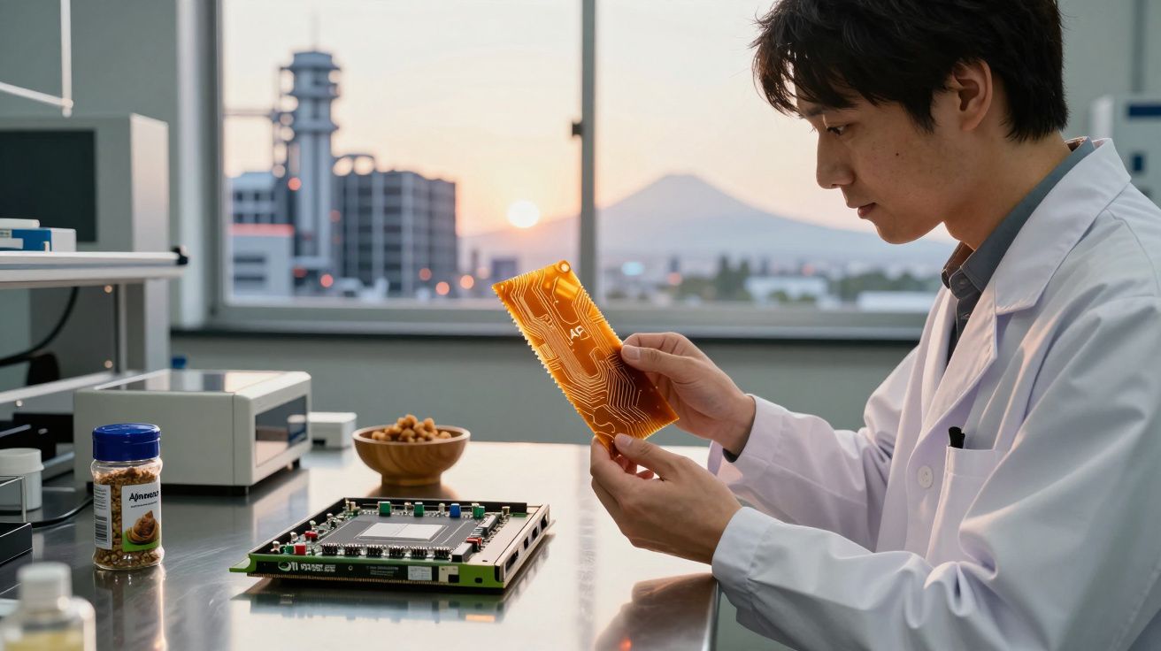 Homem de bata branca examina componente eletrónico laranja numa mesa com chip e frasco num laboratório ao pôr do sol.
