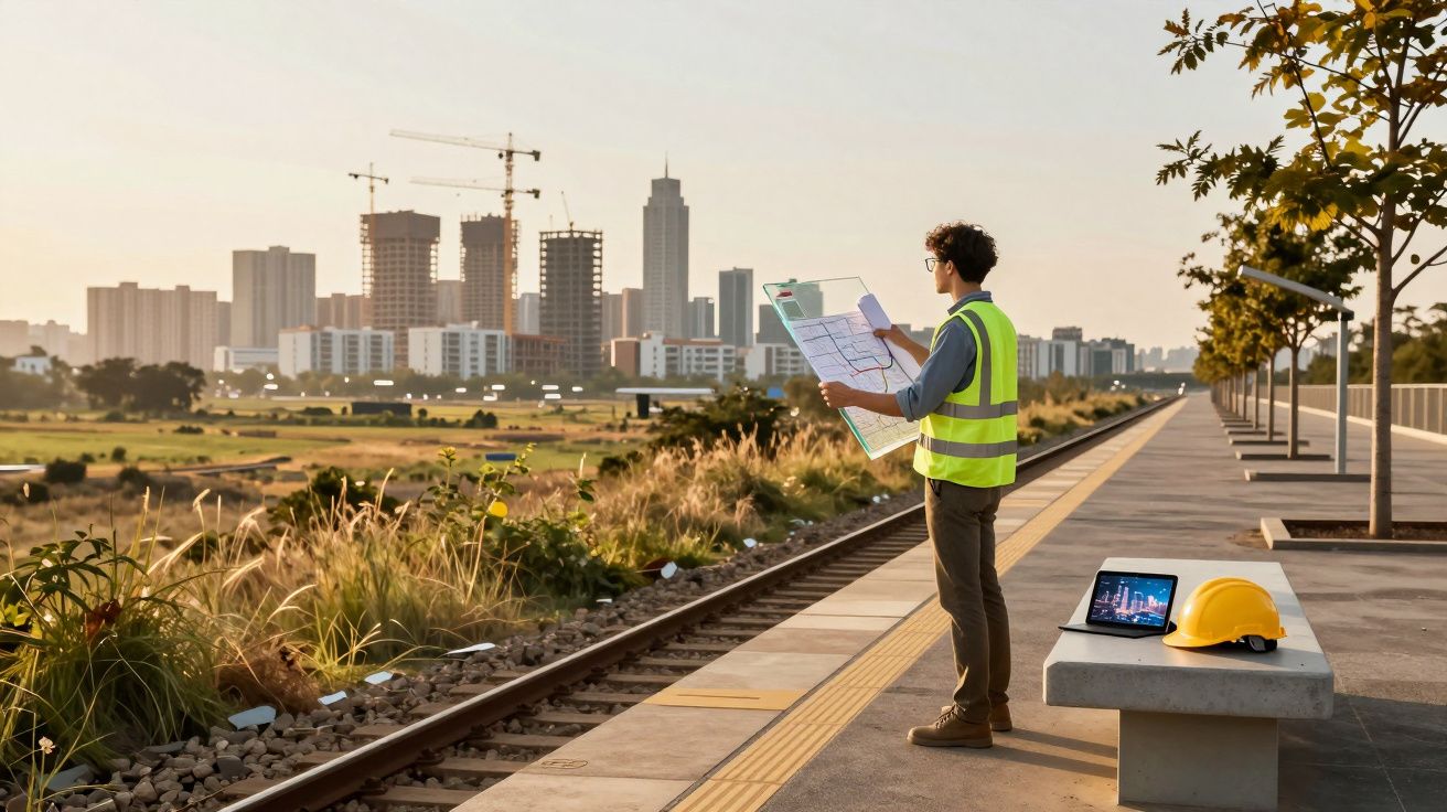 Engenheiro de construção com colete refletor a analisar plantas junto a via férrea, com cidade e gruas ao fundo.