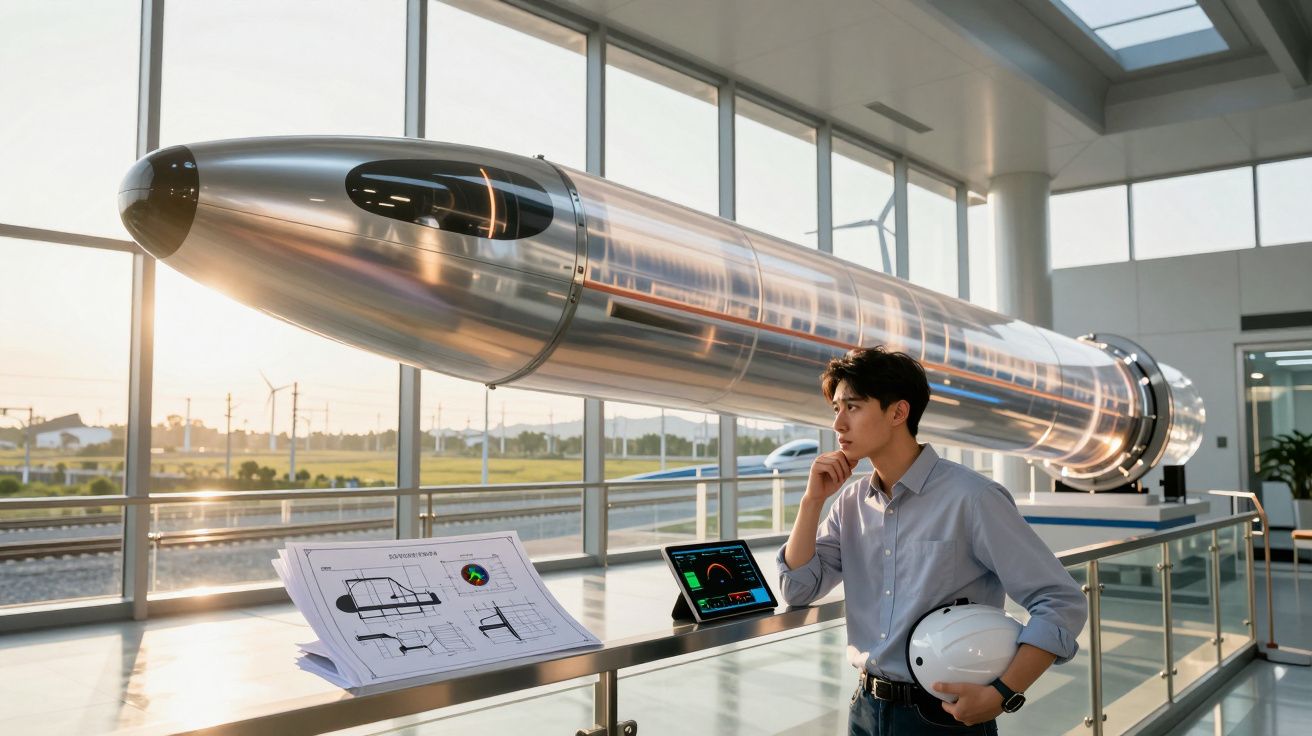 Engenheiro jovem a observaar modelo de foguete metálico numa sala com grandes janelas e plantas.