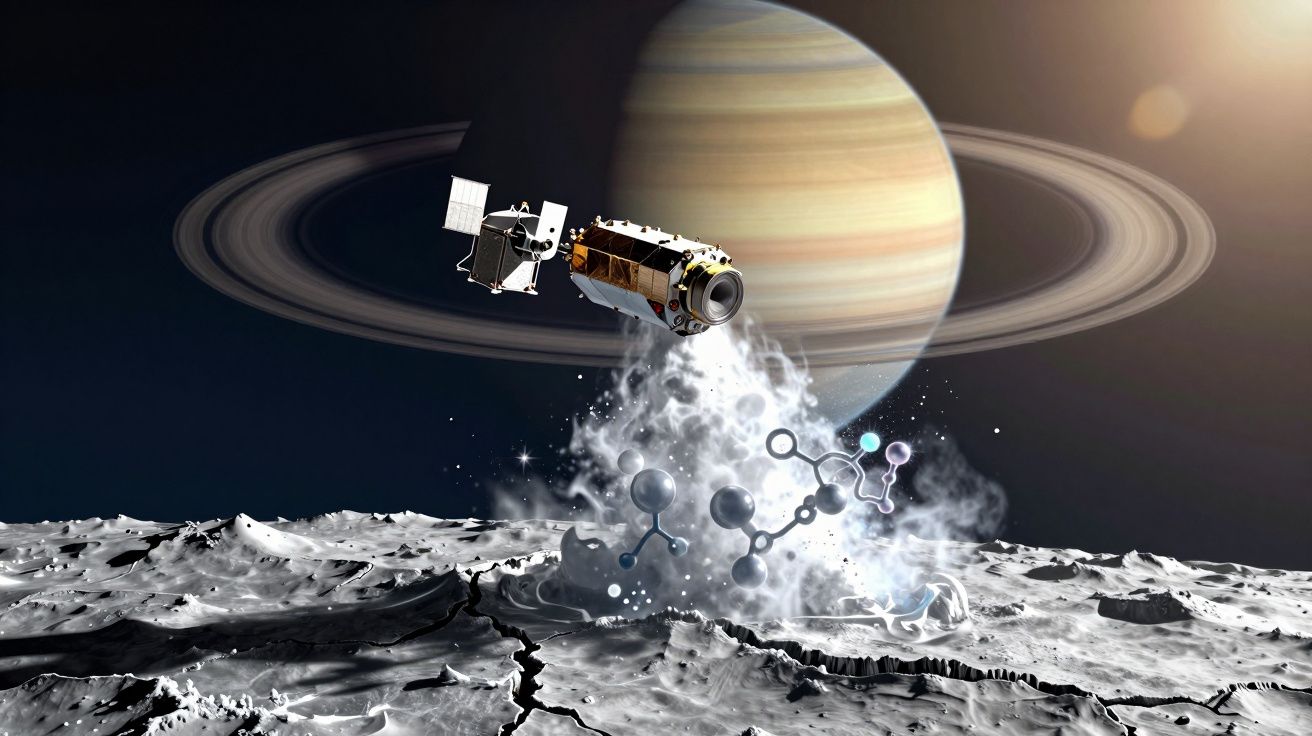 Sonda espacial a estudar composição molecular na superfície gelada de uma lua com Saturno ao fundo.