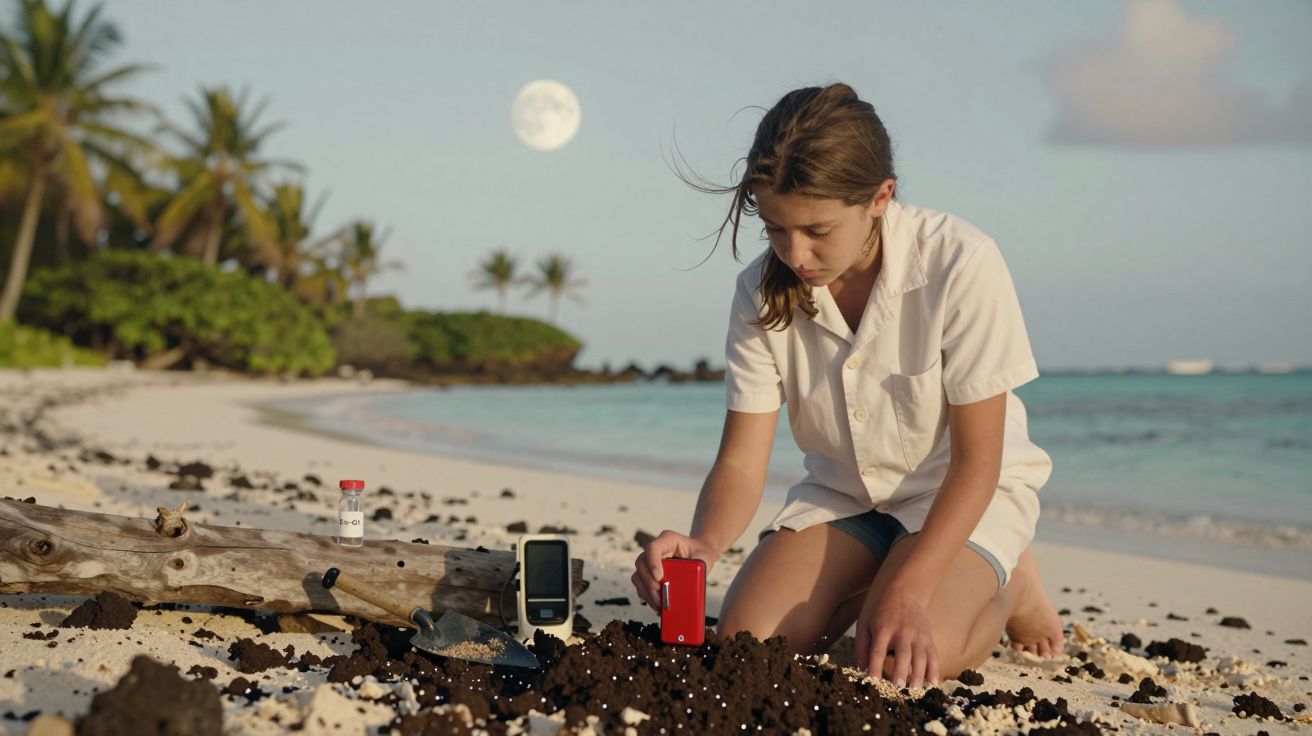 Menina sentada na areia da praia junto a instrumentos científicos, céu claro com lua visível ao fundo.