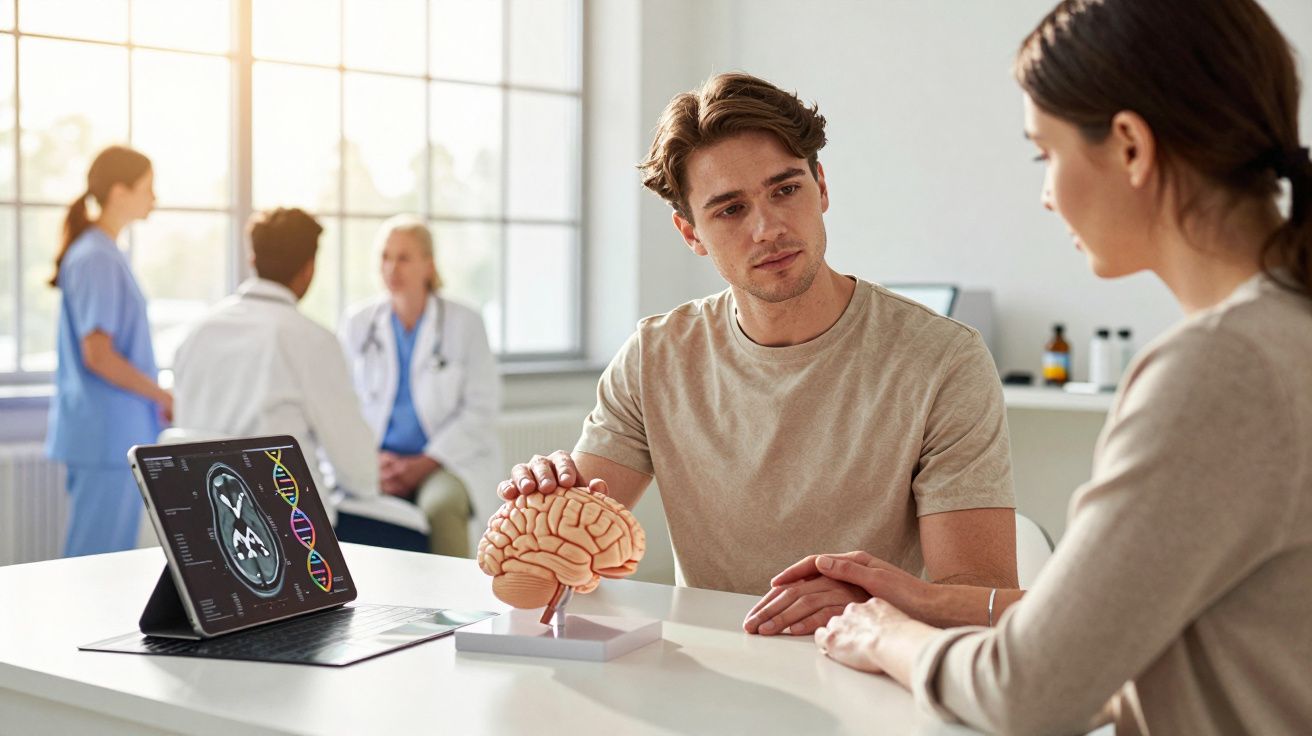 Homem numa consulta médica discute modelo de cérebro com médica num consultório moderno.
